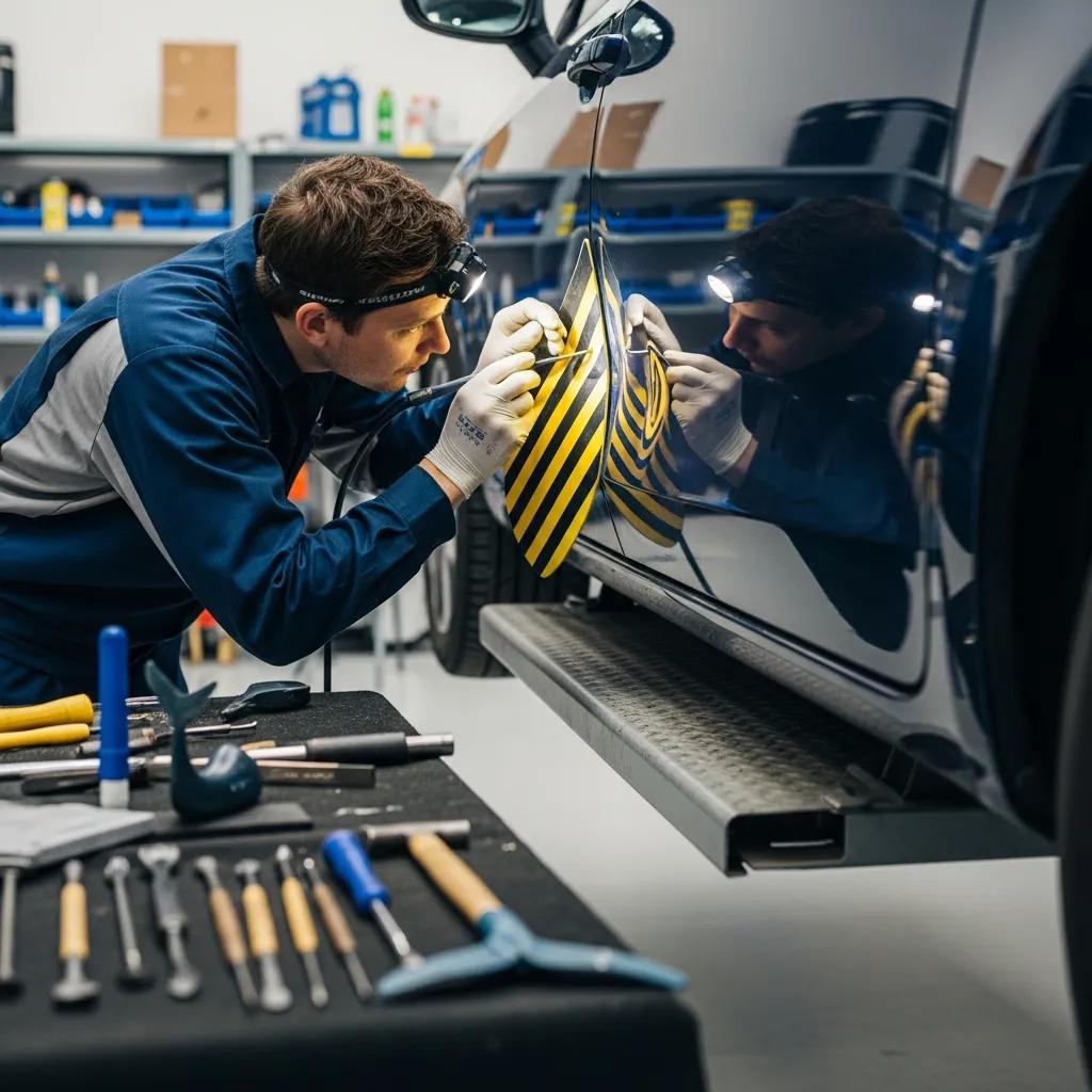 Technician performing paintless dent repair on a vehicle in a professional workshop, showcasing tools and attention to detail for OEM-certified collision repair.