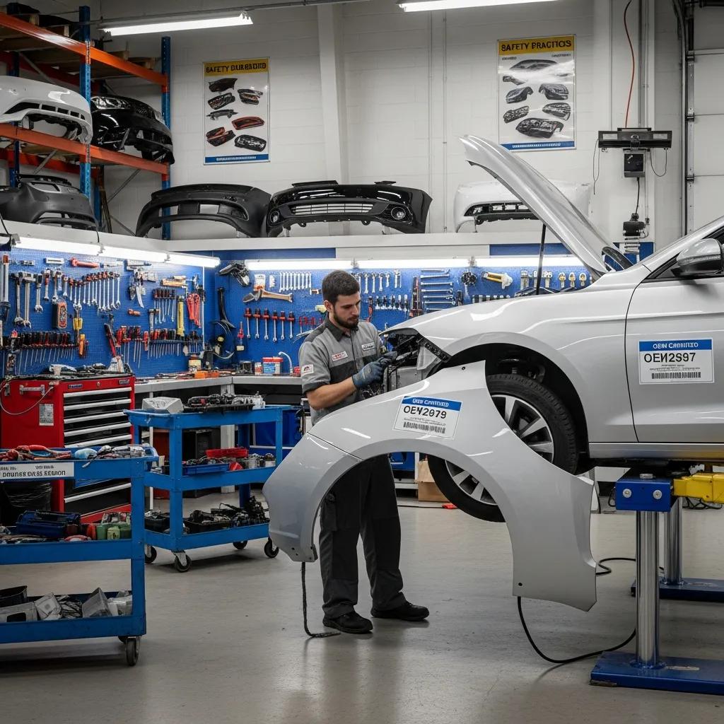 Technician performing repairs on a vehicle with OEM parts in a certified auto body shop, surrounded by tools and vehicle components, emphasizing quality and safety standards for collision repairs.
