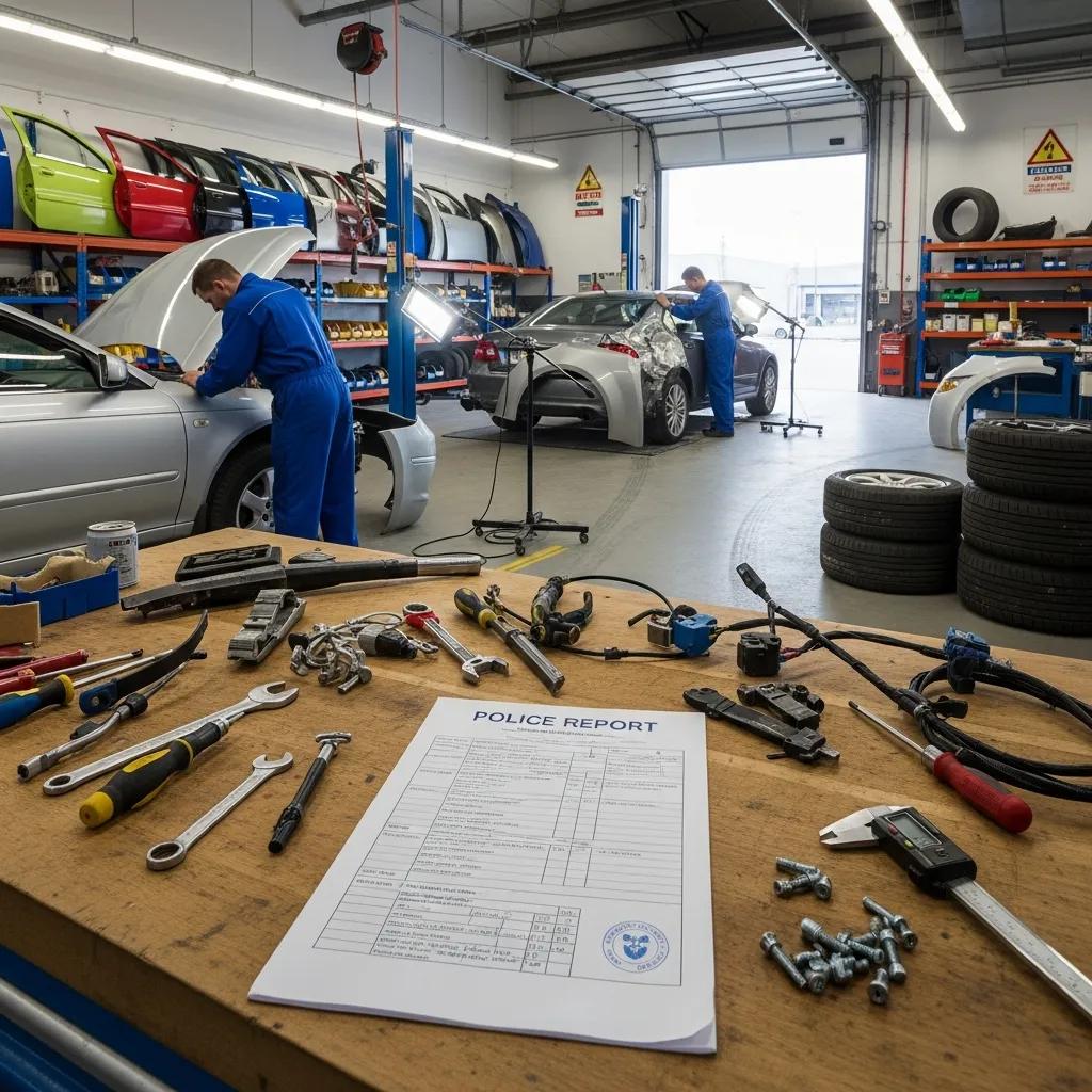 Technicians in a collision repair shop working on vehicles, with a police report on the workbench, tools scattered around, highlighting the connection between police documentation and vehicle repair processes.