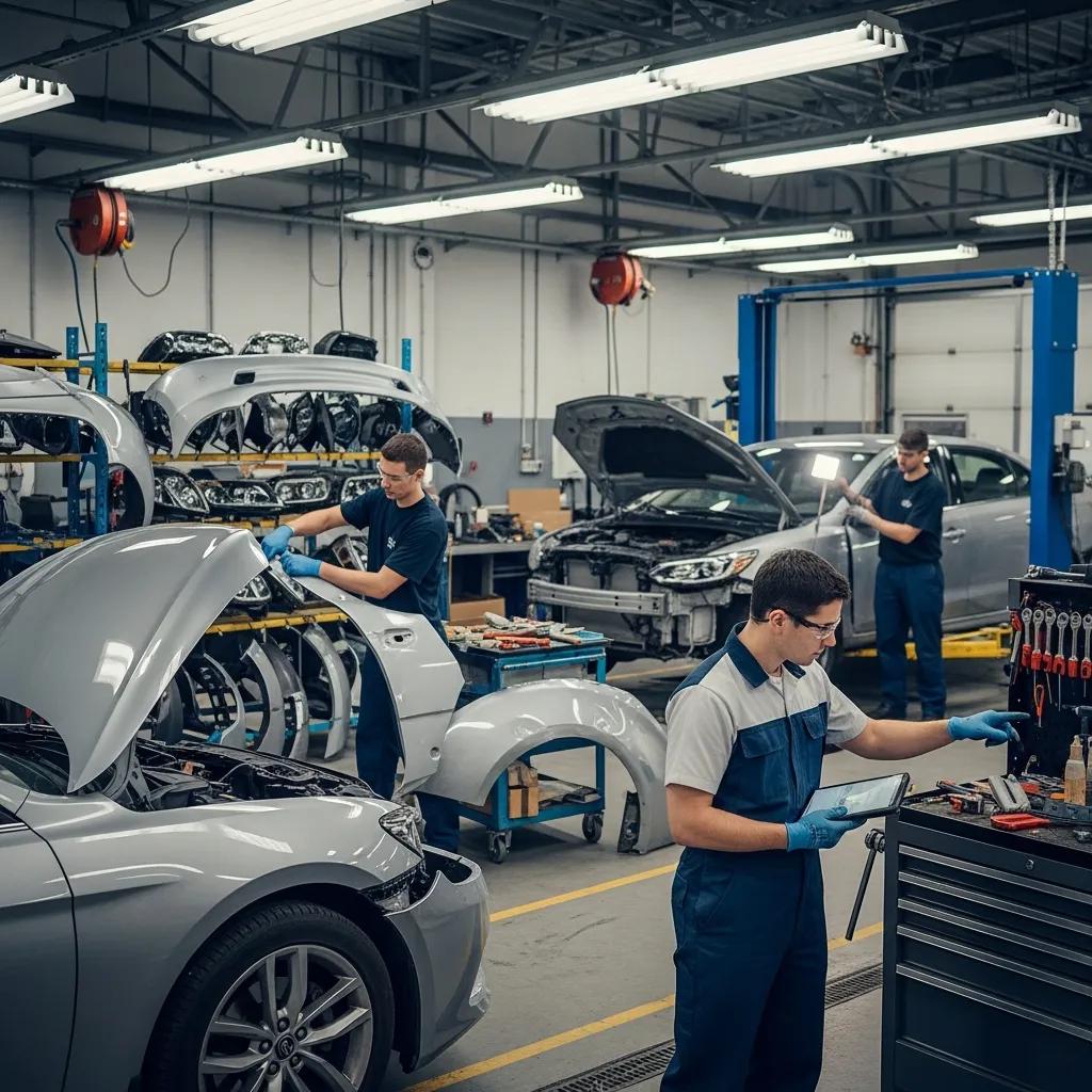 Technicians performing OEM-certified collision repairs in an auto body shop, using genuine parts and following factory procedures, with multiple vehicles in various stages of repair.