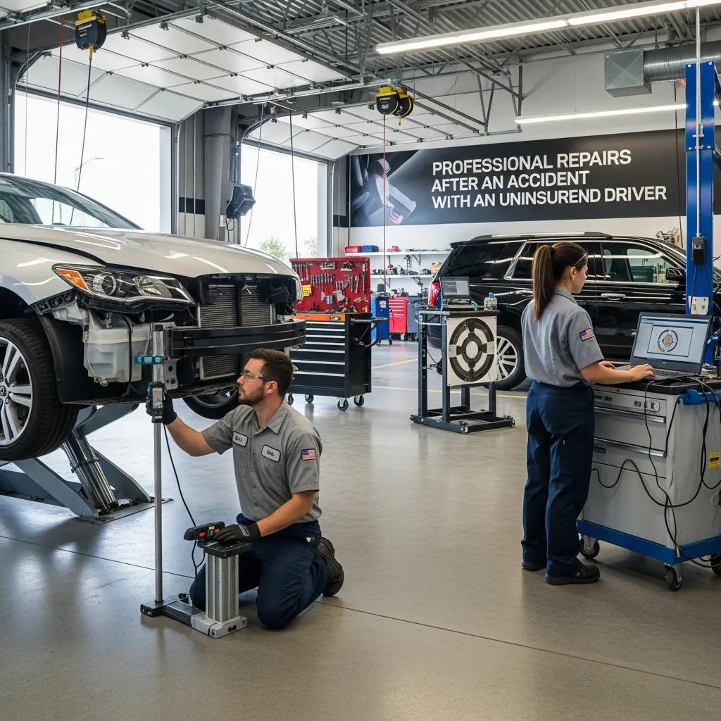 Auto technicians working on a vehicle in a repair shop &mdash; collision repair process after an uninsured driver incident