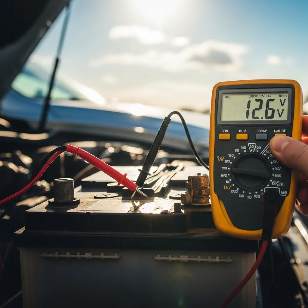 Technician testing a car battery with a multimeter in summer heat