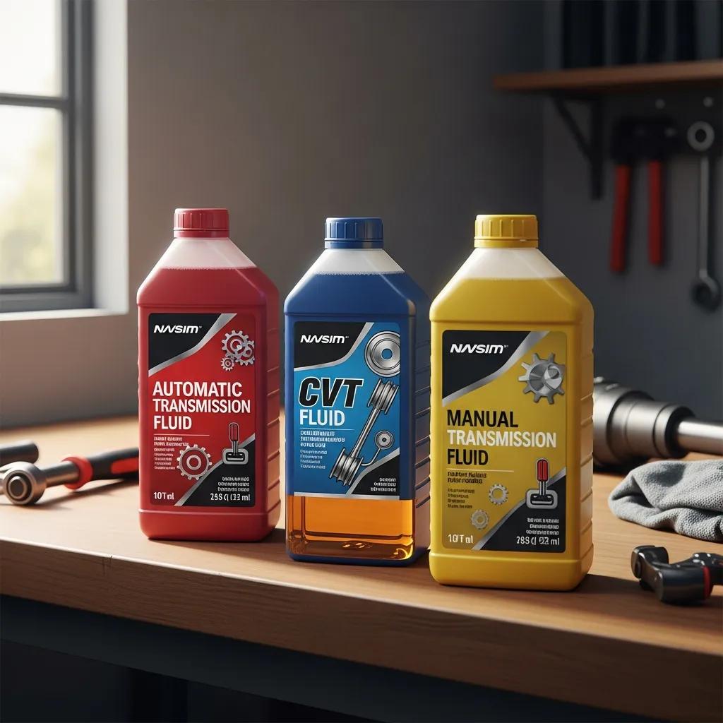 Selection of transmission fluid types on a workshop bench to illustrate correct fluid choice