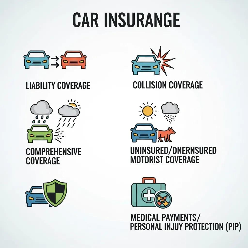 Visual representation of different car insurance coverage types: liability coverage, collision coverage, comprehensive coverage, uninsured/underinsured motorist coverage, and medical payments/personal injury protection (PIP).